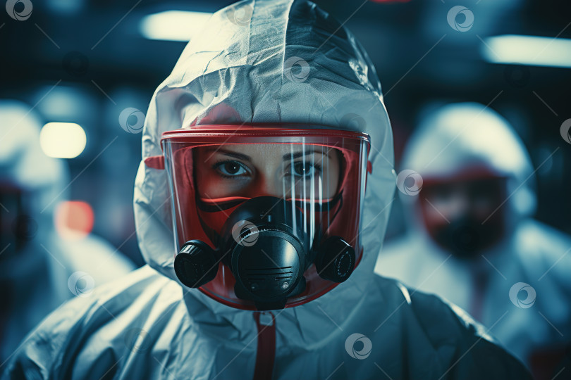 Скачать Портрет команды врачей-ученых-вирусологов в униформе химической защиты и масках в помещении, смотрящих в камеру, вирусная пандемия или карантин фотосток Ozero