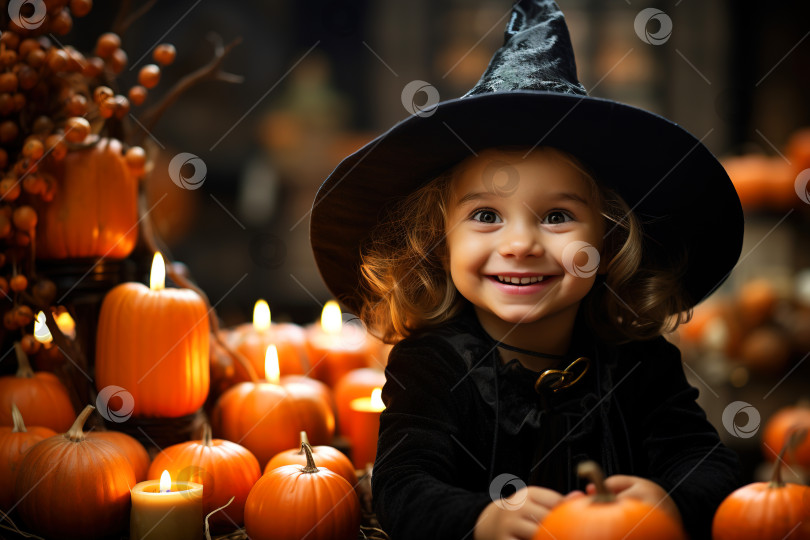 Скачать Детский портрет улыбающейся забавной девочки в костюме ведьмы и черной шляпе с тыквами и свечами, смотрящей в камеру, концепция праздника Хэллоуин фотосток Ozero