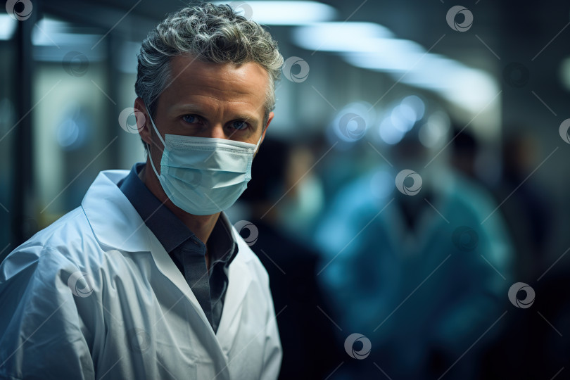 Скачать Взрослый мужчина-врач в медицинской маске и белом халате в больнице смотрит в камеру, копирует пространство. Тема медицины и науки фотосток Ozero