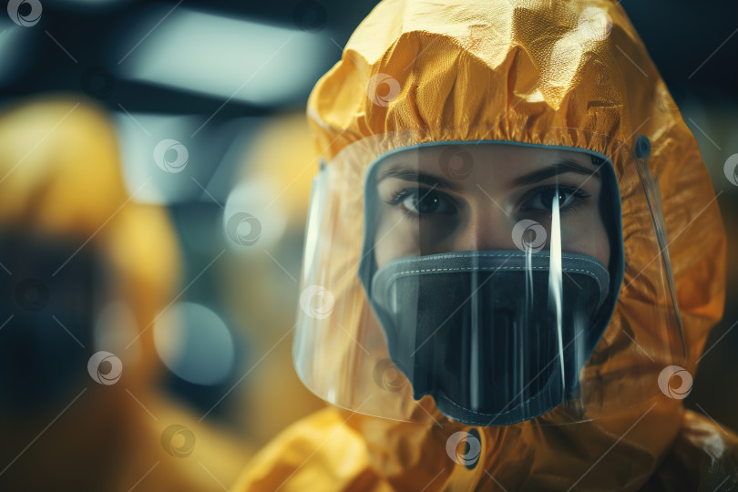 Скачать Команда ученых-вирусологов, женщина-врач в желтой униформе биохимической защиты и масках в помещении во время пандемии вируса или карантина фотосток Ozero