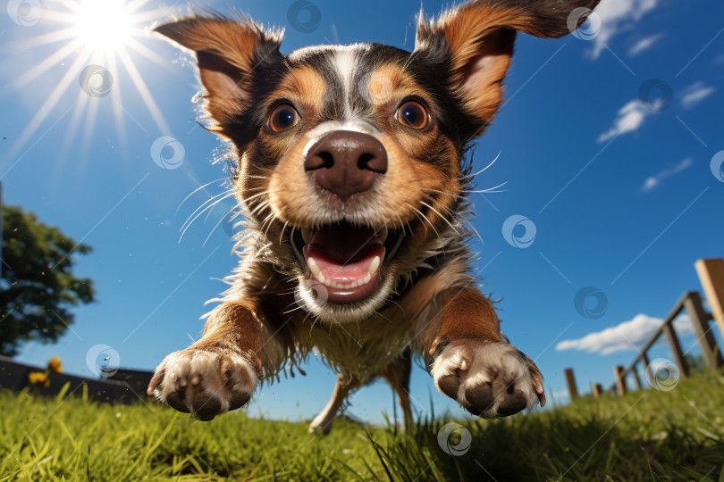 Скачать Забавный жизнерадостный питомец, игривая собака, бегущая с открытой пастью на природе в солнечный день, экшн-портрет животного с видом рыбьего глаза фотосток Ozero