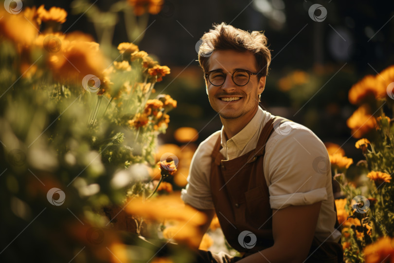 Скачать Счастливый молодой садовник-мужчина в фартуке в цветнике на открытом воздухе в солнечный день фотосток Ozero