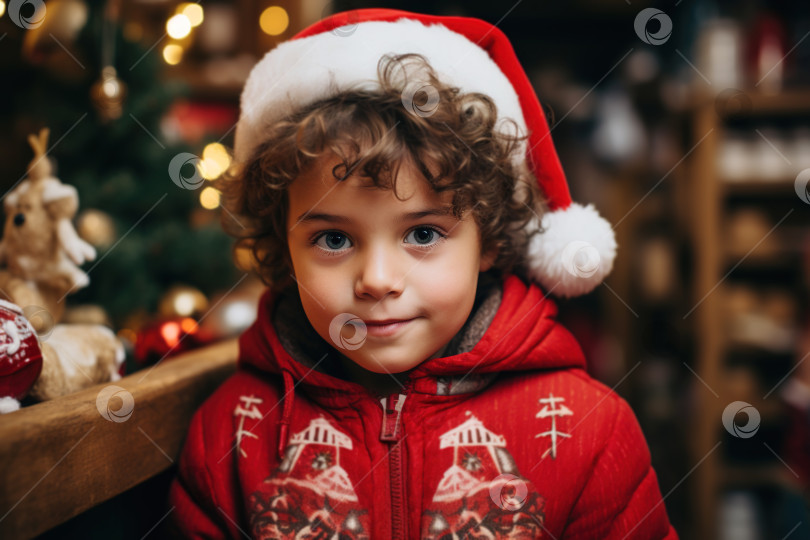 Скачать Рождественский портрет, милый кавказский мальчик в красной праздничной шляпе в магазине, смотрящий в камеру фотосток Ozero