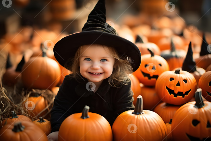 Скачать Концепция праздника Хэллоуин, счастливая забавная девушка в костюме ведьмы, сидящая в куче украшенных тыкв на открытом воздухе фотосток Ozero