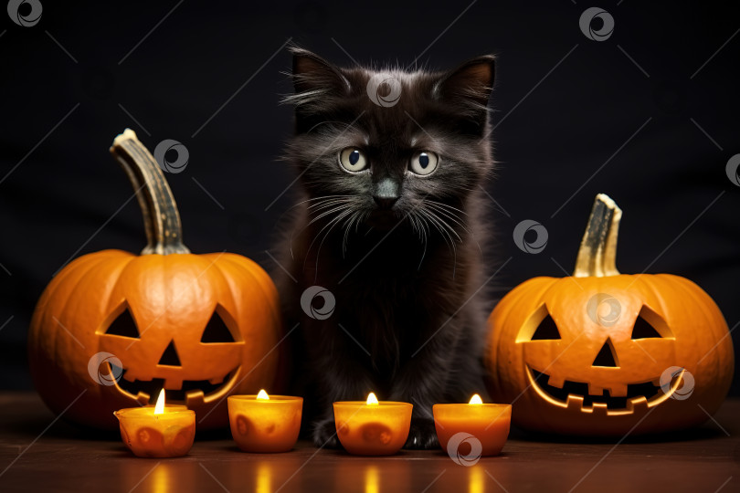 Скачать Концепция Хэллоуина. Милый черный котенок, тыквы и свечи в помещении. Домашнее животное смотрит в камеру на темном фоне фотосток Ozero