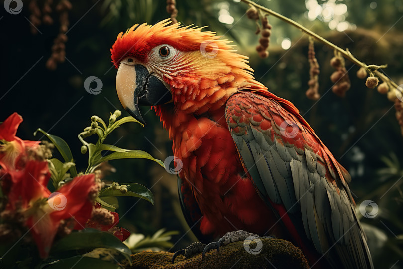 Скачать Красивый красный попугай в джунглях фотосток Ozero