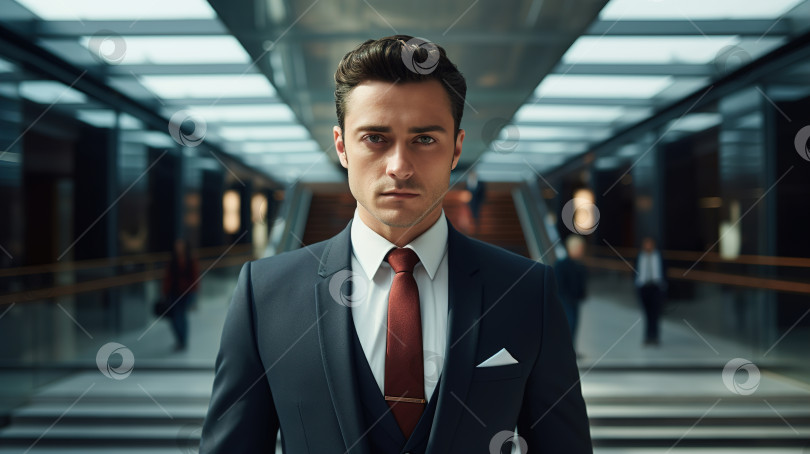 Скачать Портрет уверенного в себе кавказского бизнесмена в дорогом костюме, стоящего в коридоре офисного здания и смотрящего в камеру фотосток Ozero