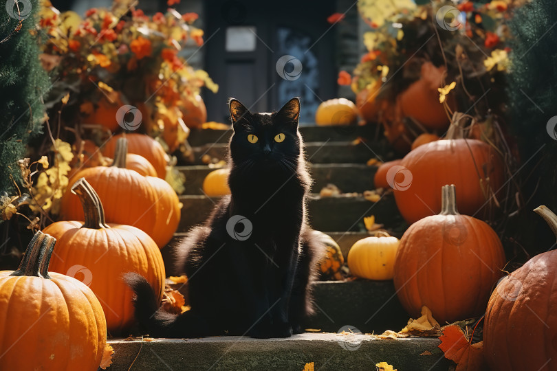 Скачать Спокойный черный кот и оранжевые тыквы на ступеньках у входа в дом. Зловещий питомец смотрит в камеру осенним днем фотосток Ozero