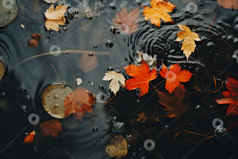 Скачать Осенний сезон, вид сверху на разноцветные опавшие осенние листья в луже фотосток Ozero