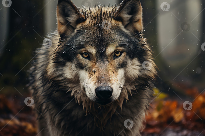 Скачать Вид спереди на волка в лесу, смотрящего в камеру, крупный план хищника в дождливый осенний день на открытом воздухе. Тема диких животных фотосток Ozero