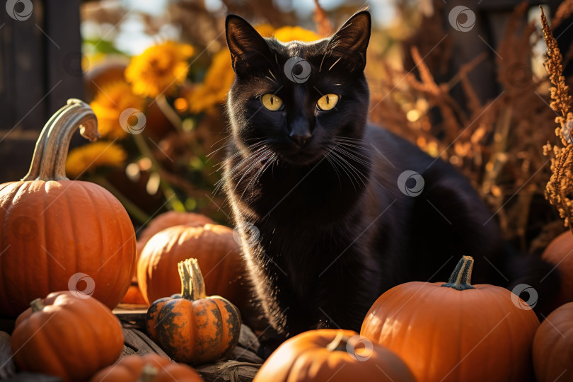 Скачать Черный кот и оранжевые тыквы на открытом воздухе осенним днем. Концепция Хэллоуина фотосток Ozero