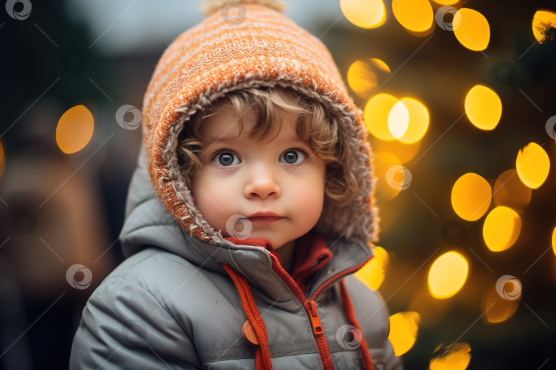 Скачать Рождественский детский портрет, милая кавказская девочка в верхней одежде на фоне украшенной рождественской елки боке на открытом воздухе фотосток Ozero
