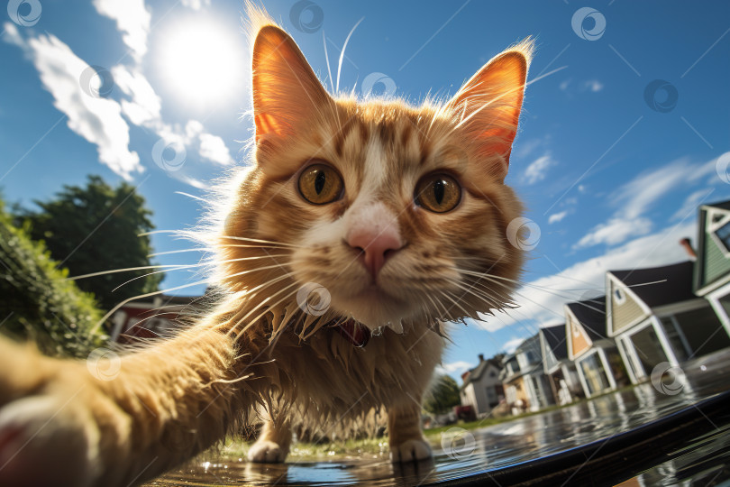 Скачать Любопытный кот, забавный питомец, трогающий камеру лапой на открытом воздухе, портрет животного с рыбьим глазом фотосток Ozero