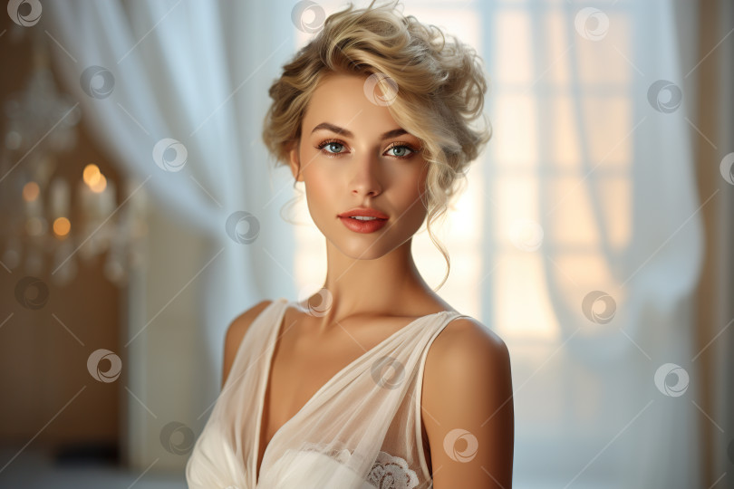 Скачать Элегантная красивая белокурая женщина кавказской внешности, стоящая у окна в комнате и смотрящая в камеру. Женственность, концепция красоты фотосток Ozero