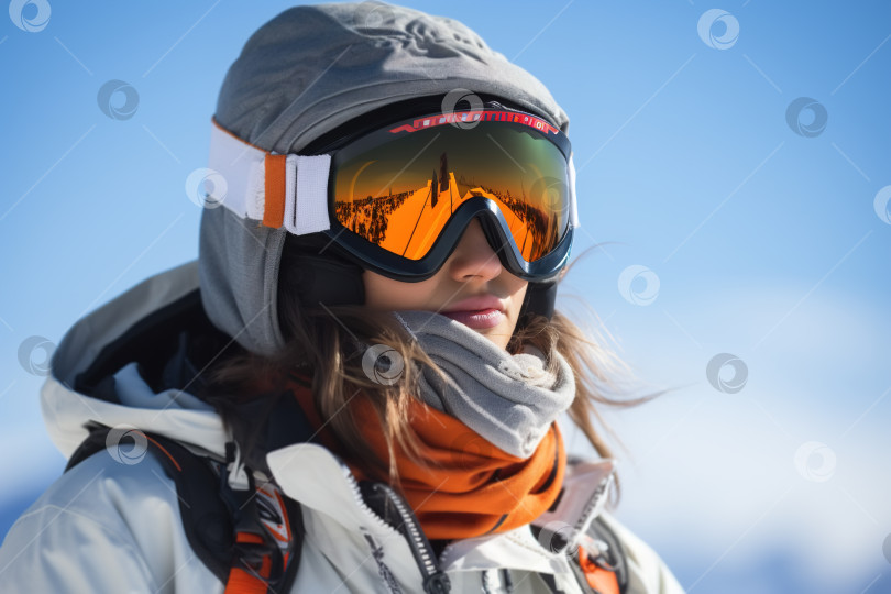 Скачать Активная молодая женщина-сноубордистка или лыжница в верхней одежде и маске в заснеженных горах, смотрящая вдаль на открытом воздухе, зимние виды спорта фотосток Ozero