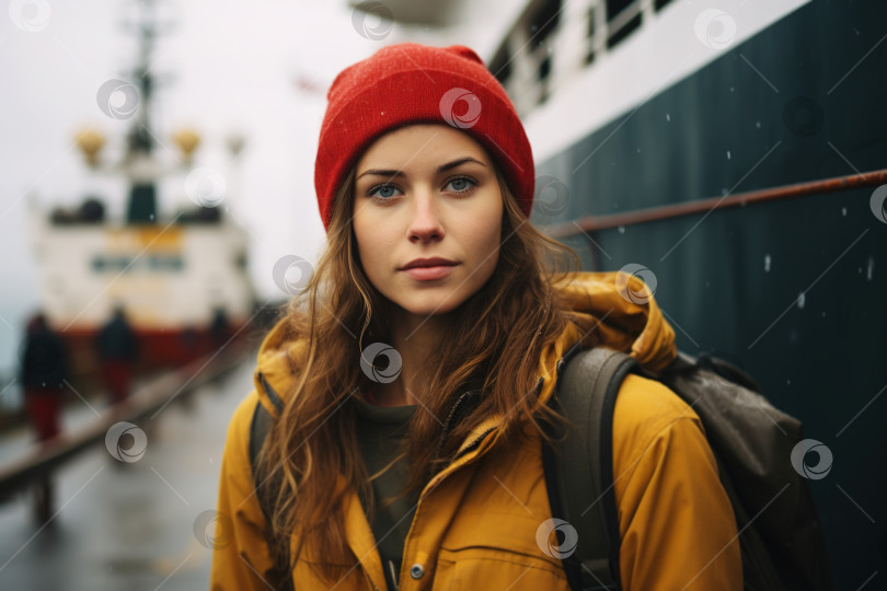 Скачать Зимнее путешествие на корабле, портрет красивой молодой кавказской женщины-путешественницы в верхней одежде и с рюкзаком, стоящей в порту на фоне кораблей и смотрящей в камеру фотосток Ozero