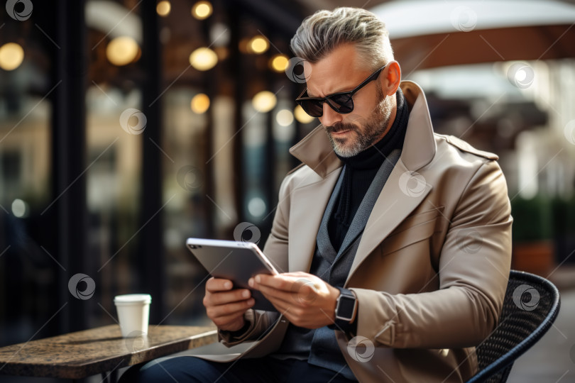 Скачать Взрослый стильный деловой мужчина в костюме-дождевике и солнцезащитных очках, пользующийся планшетом, сидя в кафе, кавказский бизнесмен, работающий онлайн на открытом воздухе фотосток Ozero