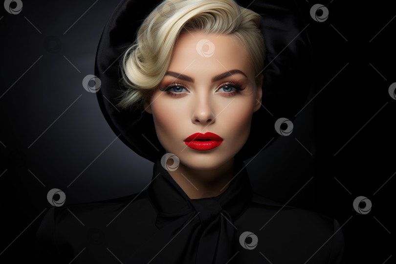 Скачать Портрет красивой элегантной белокурой женщины кавказской внешности с макияжем и красной помадой, в черной шляпе на темном фоне, смотрящей в камеру фотосток Ozero