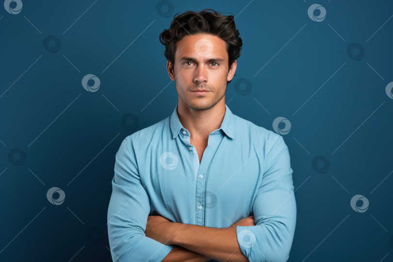 Скачать Студийный портрет мужчины до пояса, красивого взрослого уверенного в себе кавказца в рубашке со сложенными руками на синем фоне фотосток Ozero