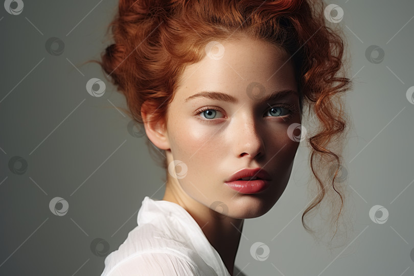 Скачать Портрет кавказской рыжеволосой модели естественной красоты, привлекательной молодой женщины с чистой кожей, смотрящей в камеру фотосток Ozero