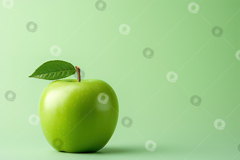 Скачать Вид спереди зеленое яблоко с лепестком на зеленом фоне с пространством для копирования, фрукты в стиле минимализма фотосток Ozero