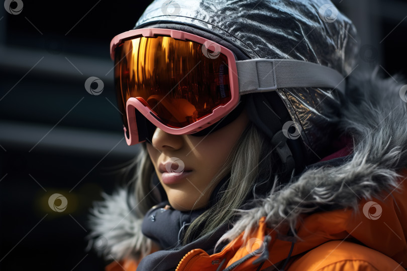 Скачать Зимние виды спорта, вид сбоку на белую женщину-сноубордистку или лыжницу в верхней одежде и маске на открытом воздухе фотосток Ozero