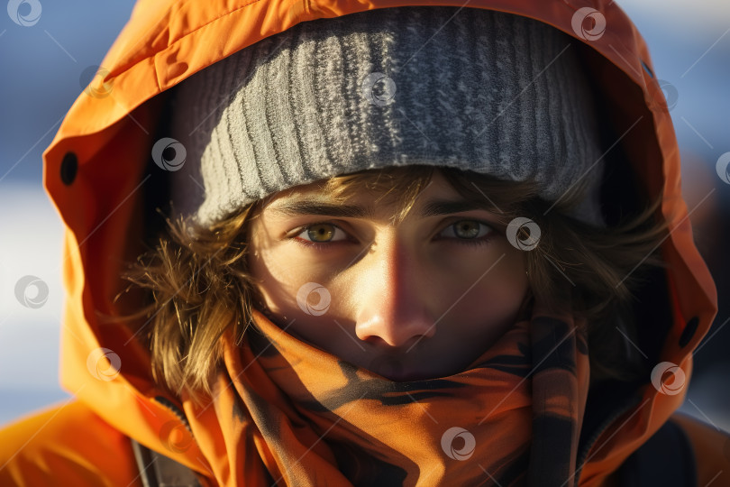 Скачать Испуганный замерзающий молодой парень в верхней одежде, капюшоне и шарфе на открытом воздухе смотрит в камеру фотосток Ozero