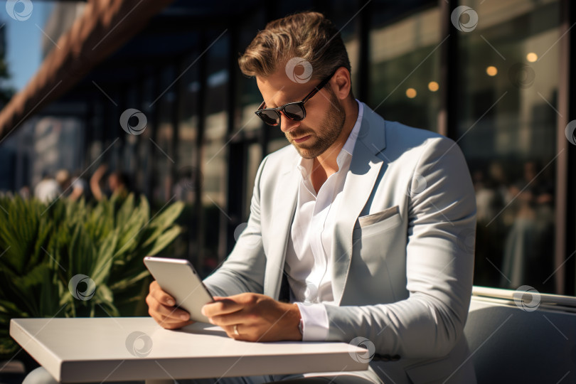 Скачать Сосредоточенный красивый мужчина-бизнесмен в костюме пользуется планшетом, сидя в уличном кафе и заглядывая в гаджет фотосток Ozero