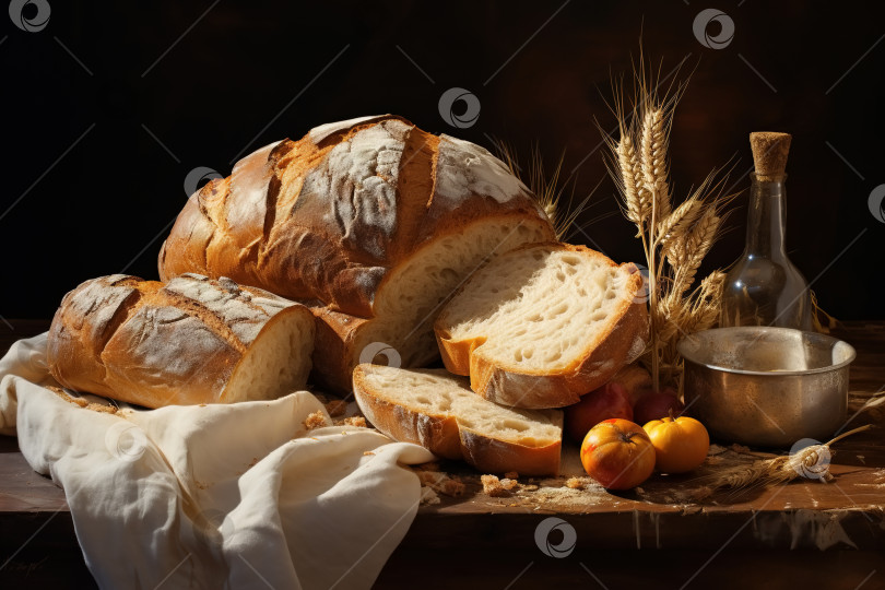 Скачать Пищевой натюрморт свежеиспеченный хлеб на льняной ткани фотосток Ozero