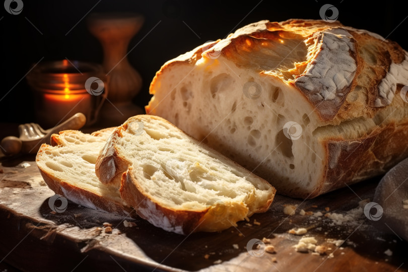 Скачать Крупный план свежеиспеченного хлеба, нарезанного кусочками на деревянной доске в помещении фотосток Ozero