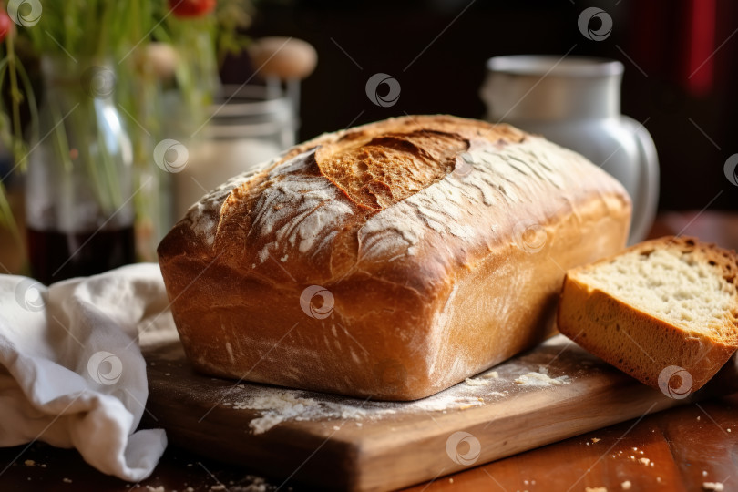 Скачать Белый свежий домашний хлеб и нарезанный ломтиками ломтик на столе в помещении фотосток Ozero