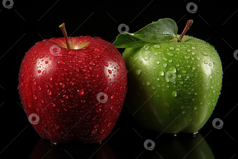 Скачать Крупный план влажного зеленого и красного спелого яблока на черном фоне с каплями воды, вид плода спереди фотосток Ozero