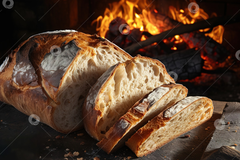 Скачать Крупный план нарезанного свежего домашнего хлеба на фоне печи в помещении фотосток Ozero