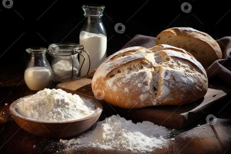 Скачать Свежеиспеченный хлеб из муки грубого помола, ингредиент на деревянном столе. Натюрморт с едой фотосток Ozero
