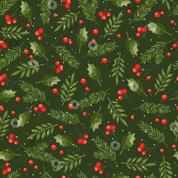 Скачать Новогодние символы - ветки рождественской елки, сосны, кедра, ягоды остролиста и снежинки. Элегантный бесшовный узор на темно-зеленом фоне. Отлично подходит для рождественской оберточной бумаги, упаковки, текстиля. фотосток Ozero