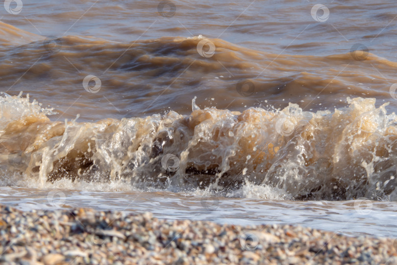 Скачать Волна на морском берегу в качестве фона. Коричневые мутные волны разбиваются о берег фотосток Ozero