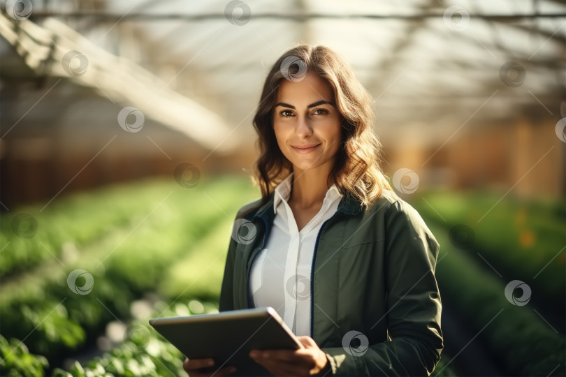 Скачать Улыбающаяся красивая молодая женщина-фермер использует планшет для анализа и планирования стратегии развития фермы, стоя в теплице и глядя в камеру фотосток Ozero