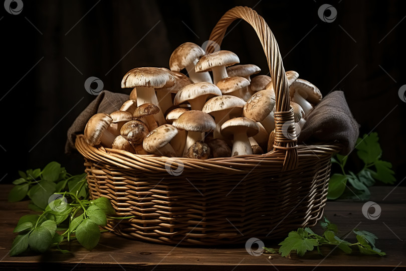 Скачать Съедобные грибы в плетеной корзине на деревянном столе, пищевой натюрморт фотосток Ozero