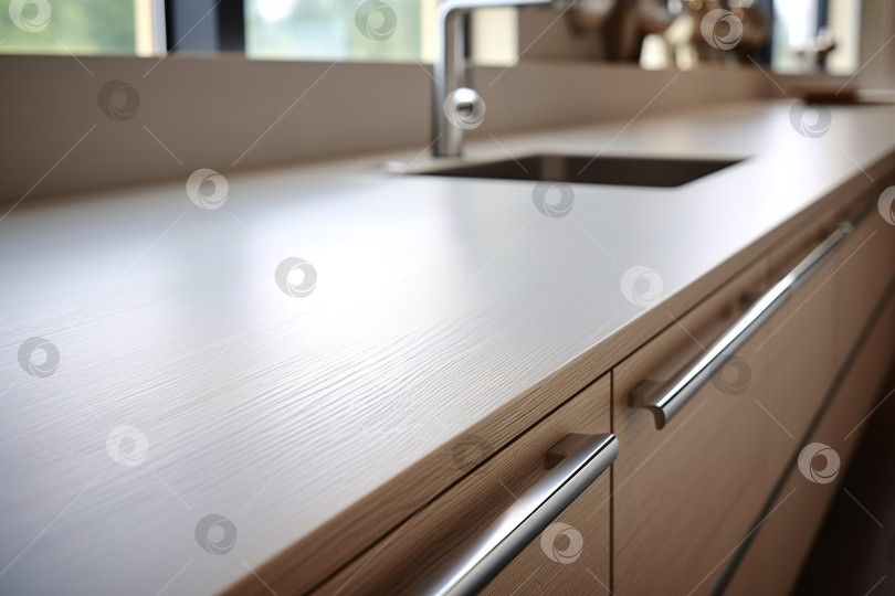 Скачать Дизайн кухонной мебели в стиле минимализма, перспективный стол с выдвижными ящиками и краном. Домашний декор крупным планом, выборочный фокус фотосток Ozero
