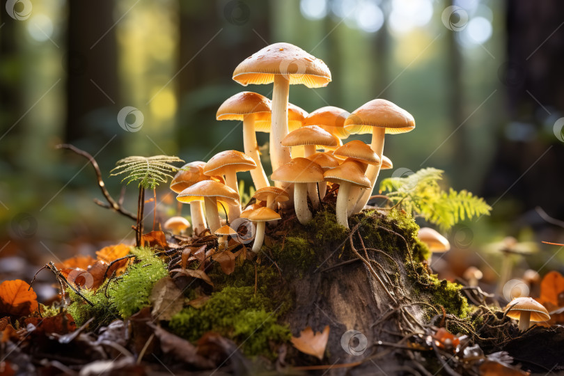 Скачать Крупным планом группа грибов, растущих на трухлявом пне и мху в лесу фотосток Ozero
