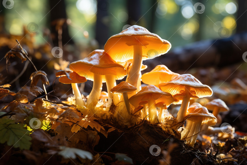Скачать Крупным планом группа грибов, растущих в осеннем лесу солнечным утром фотосток Ozero