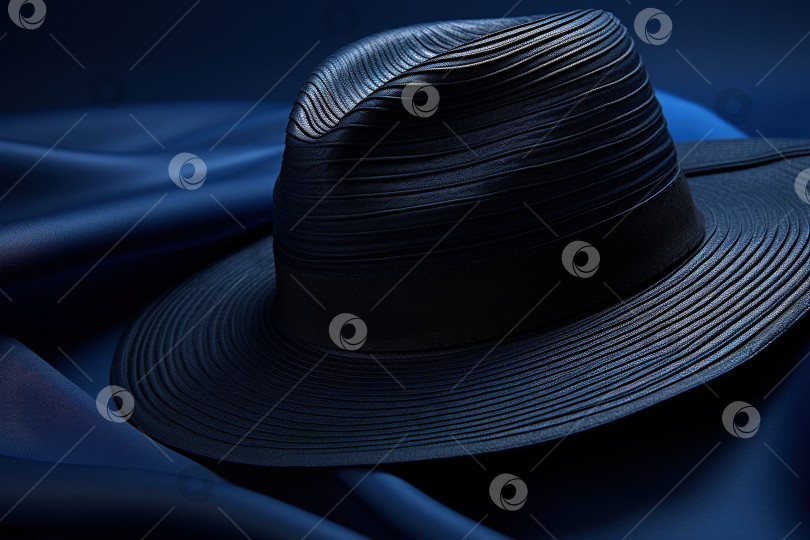 Скачать Темная элегантная шляпа на синей ткани, крупным планом фотосток Ozero