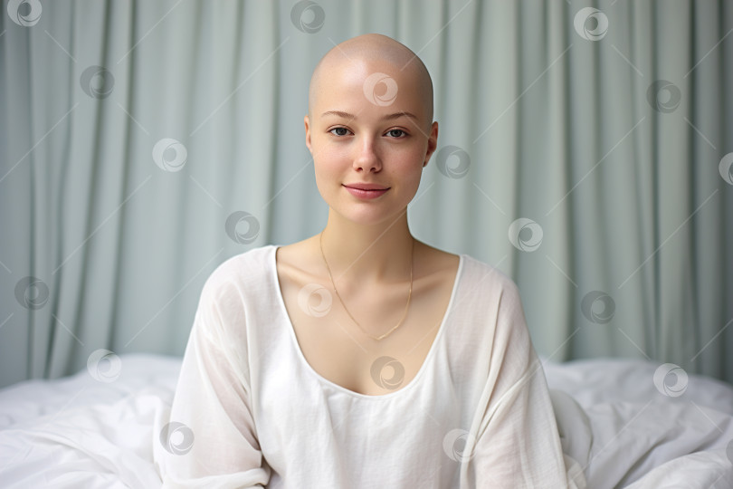 Скачать Химиотерапия, симпатичная лысая молодая женщина, страдающая от инфекции или опухоли, сидит на кровати в больничной палате и смотрит в камеру фотосток Ozero