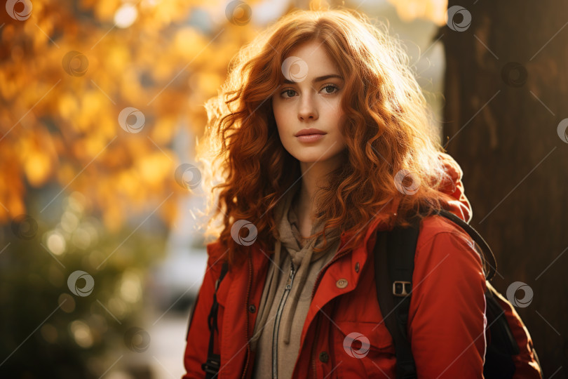 Скачать Осенний образ жизни, довольно естественная молодая рыжеволосая женщина в куртке с рюкзаком в парке в солнечный день фотосток Ozero