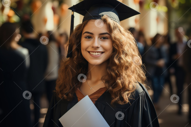 Скачать Выпускной, счастливый улыбающийся выпускник колледжа с дипломом в руках и в студенческой мантии смотрит в камеру на открытом воздухе фотосток Ozero