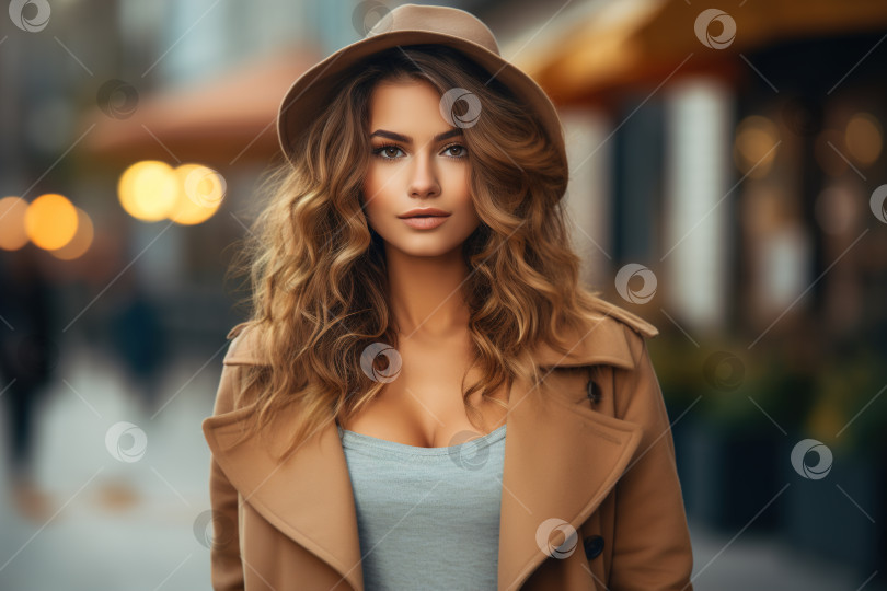 Скачать Сексуальная кавказская молодая женщина в стильной одежде, гуляющая на улице и смотрящая в камеру, модель в шляпе и коричневом пальто, осенний образ жизни фотосток Ozero