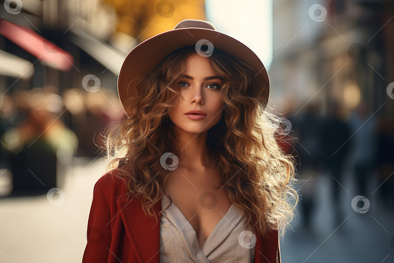 Скачать Портрет элегантной стильной сексуальной молодой женщины в шляпе, стоящей на улице в городе и смотрящей в камеру, стиль жизни фотосток Ozero