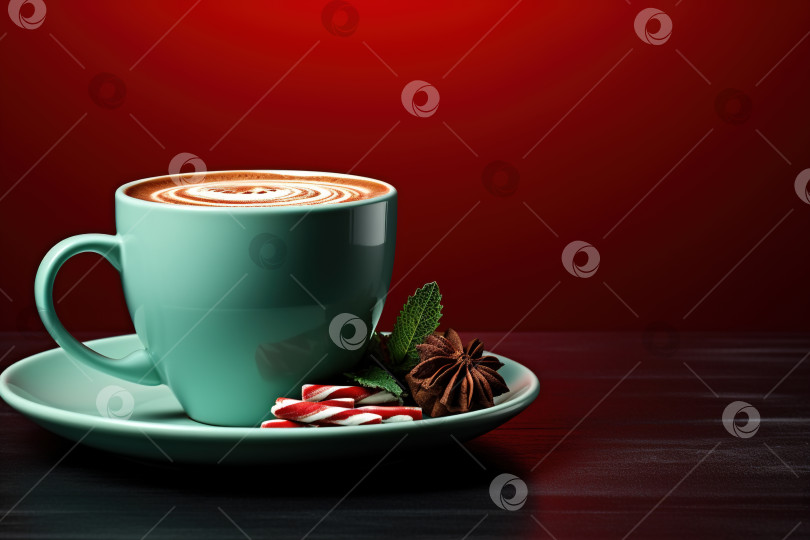 Скачать Мятный мокко, крупный план мятного сезонного напитка из шоколада и кофе со специями на красном фоне с пространством для копирования фотосток Ozero