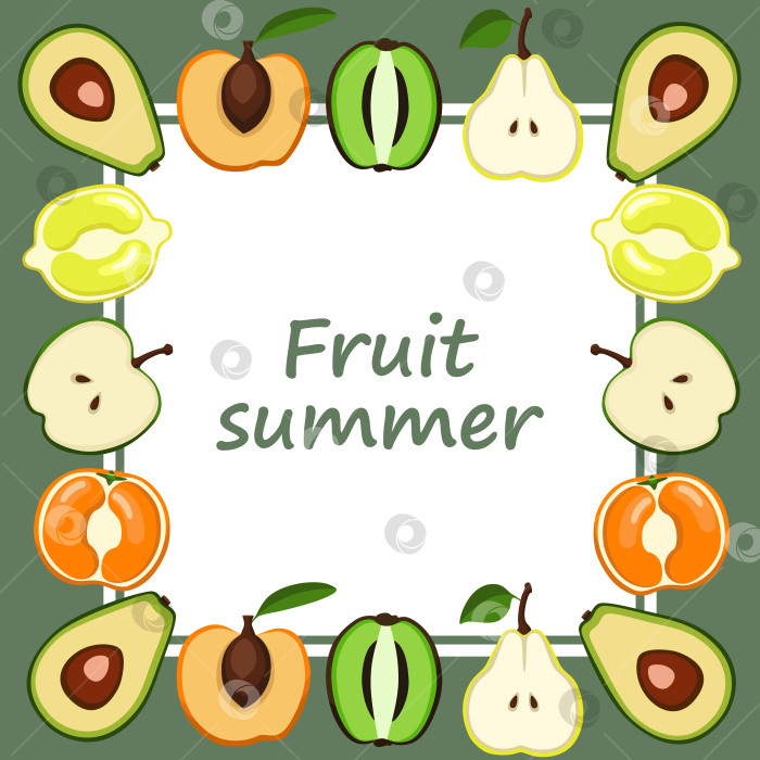 Скачать Рамка с нарезанными фруктами для поста с надписью fruit summer по кругу на светло-зеленом, белом фоне фотосток Ozero