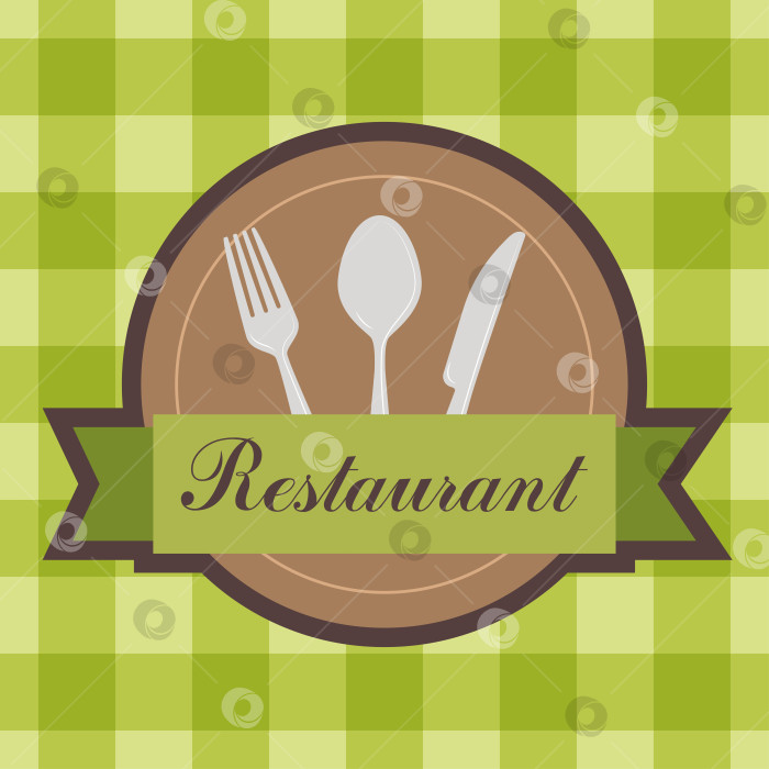 Скачать Логотип карты меню с ножом, вилкой, ложкой и тарелкой для ресторана на клетчатой скатерти фотосток Ozero